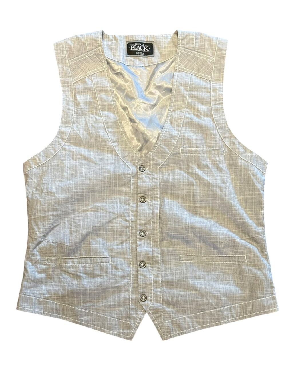 Buckle Black Men’s Large Slim Fit Light Gray Textured Button Vest